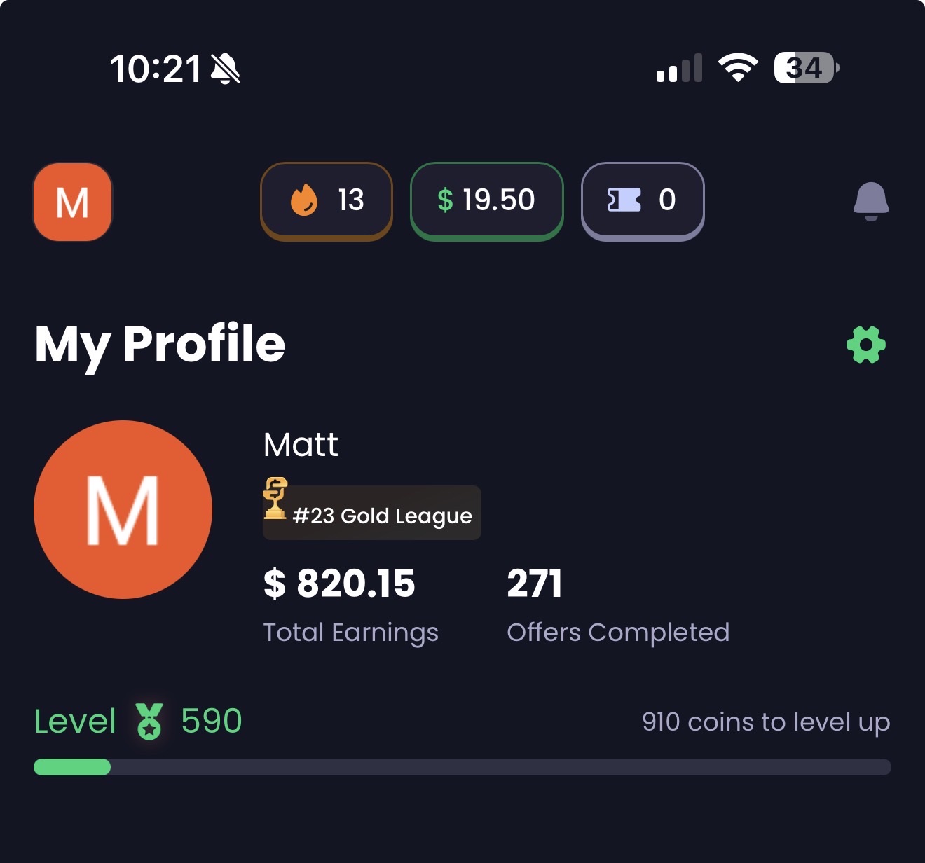 Freecash profile for Matt showing $820.15 total earnings, 271 offers completed, level 590, and rank 23 in Gold League