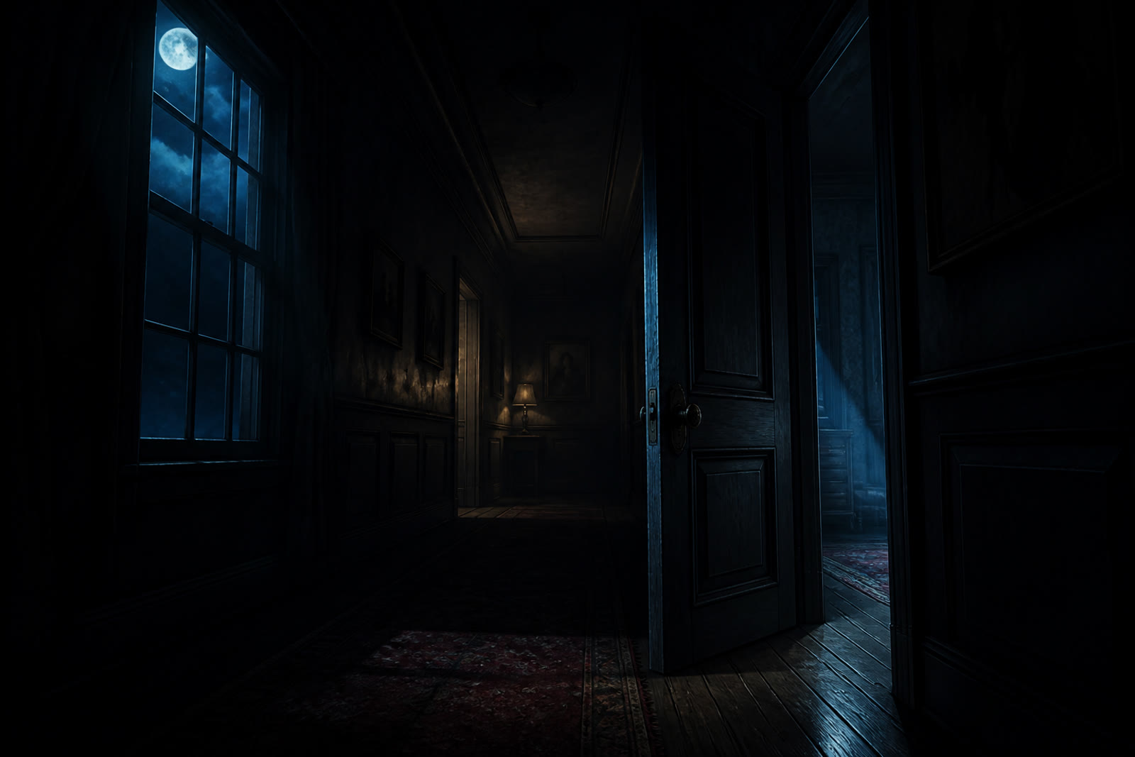 A dim hallway with a door slightly open in moonlight