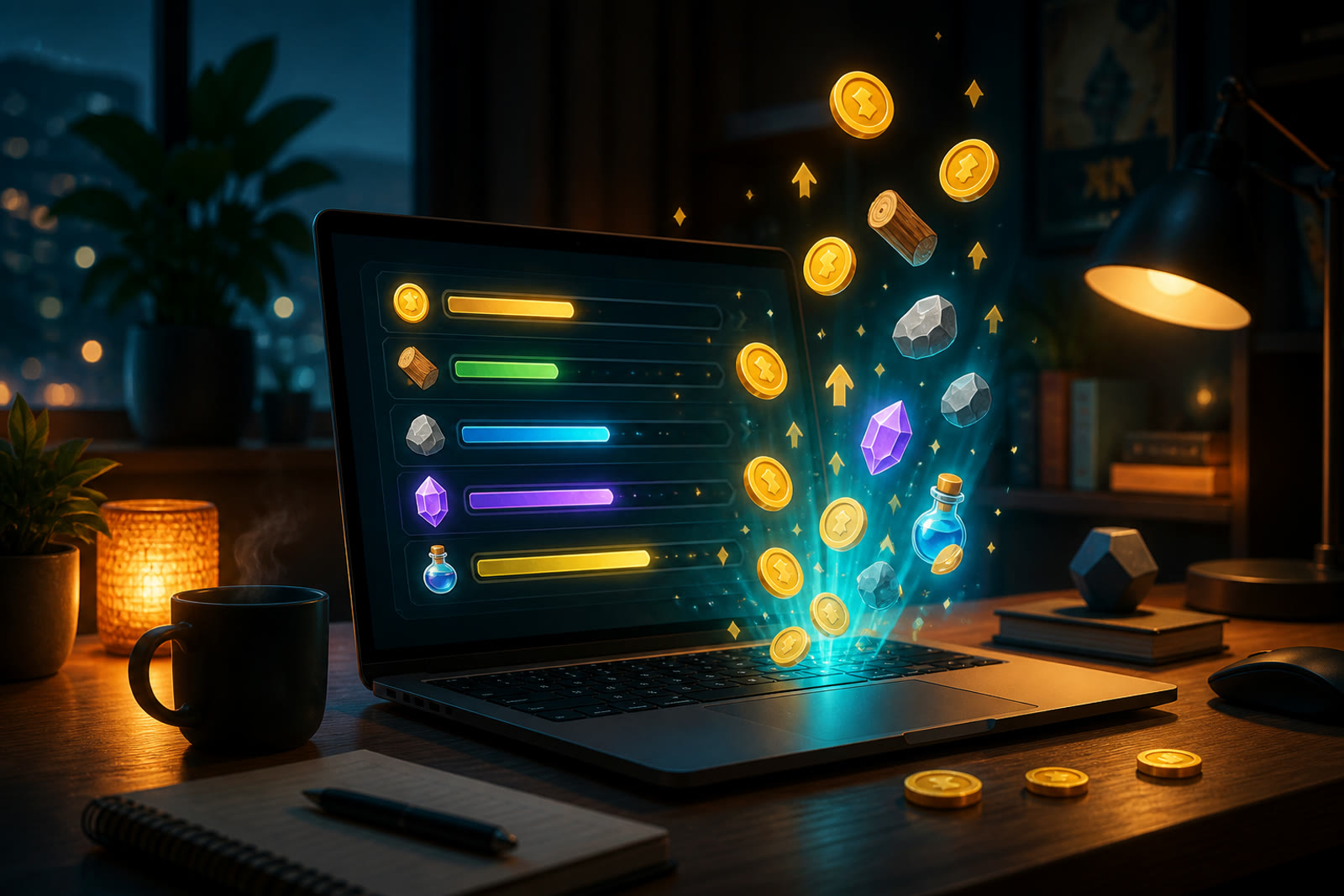 Glowing progress bars and floating coins in a cozy gaming setup