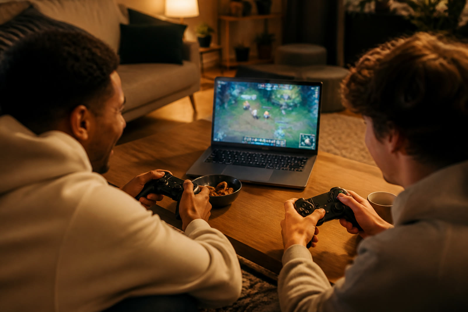 Controllers and a laptop on a shared coffee table