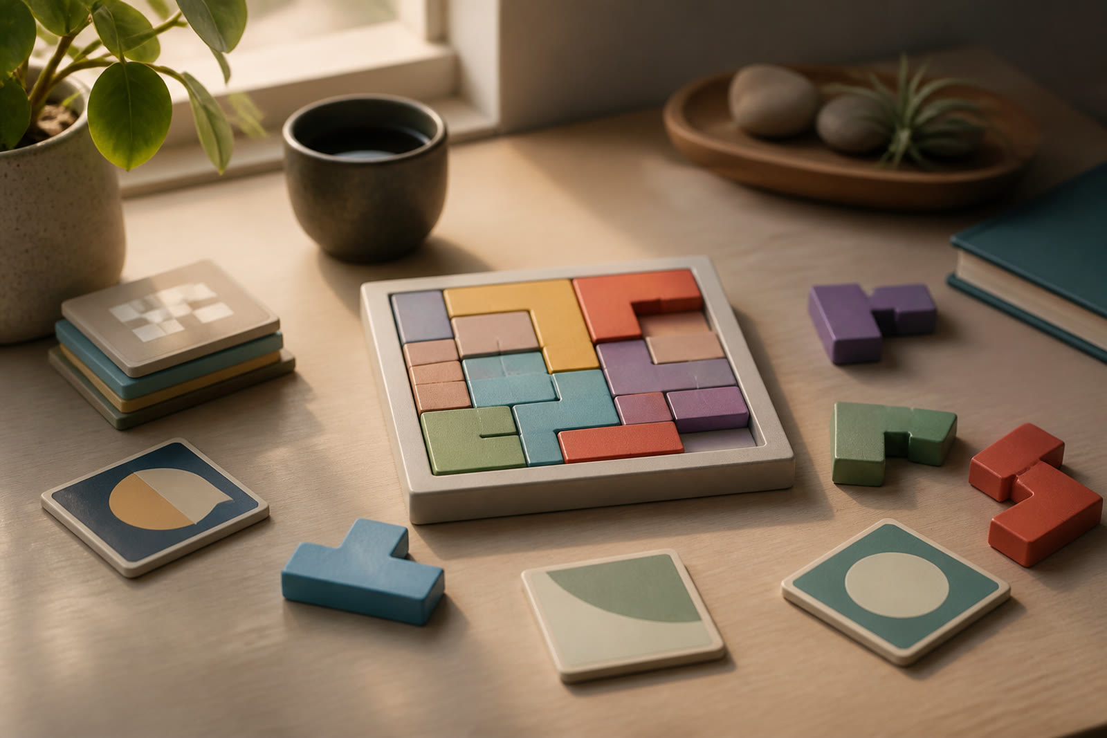Colorful puzzle pieces on a sunlit table