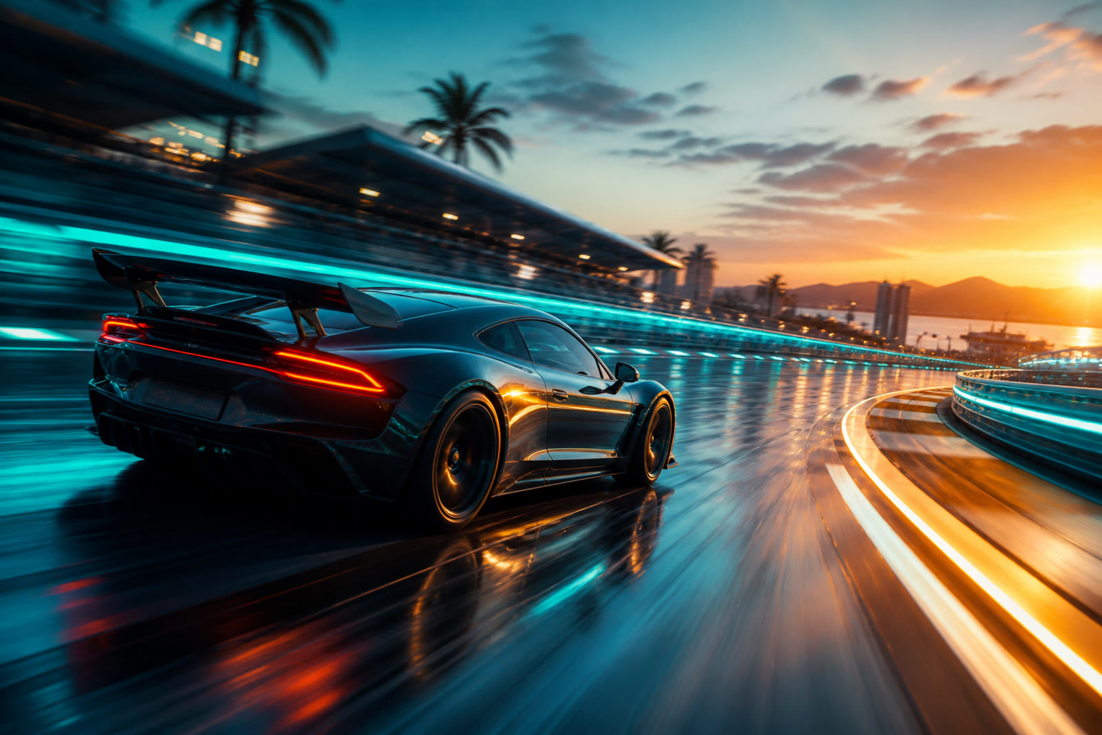 A car streaking along a neon-lit track at dusk