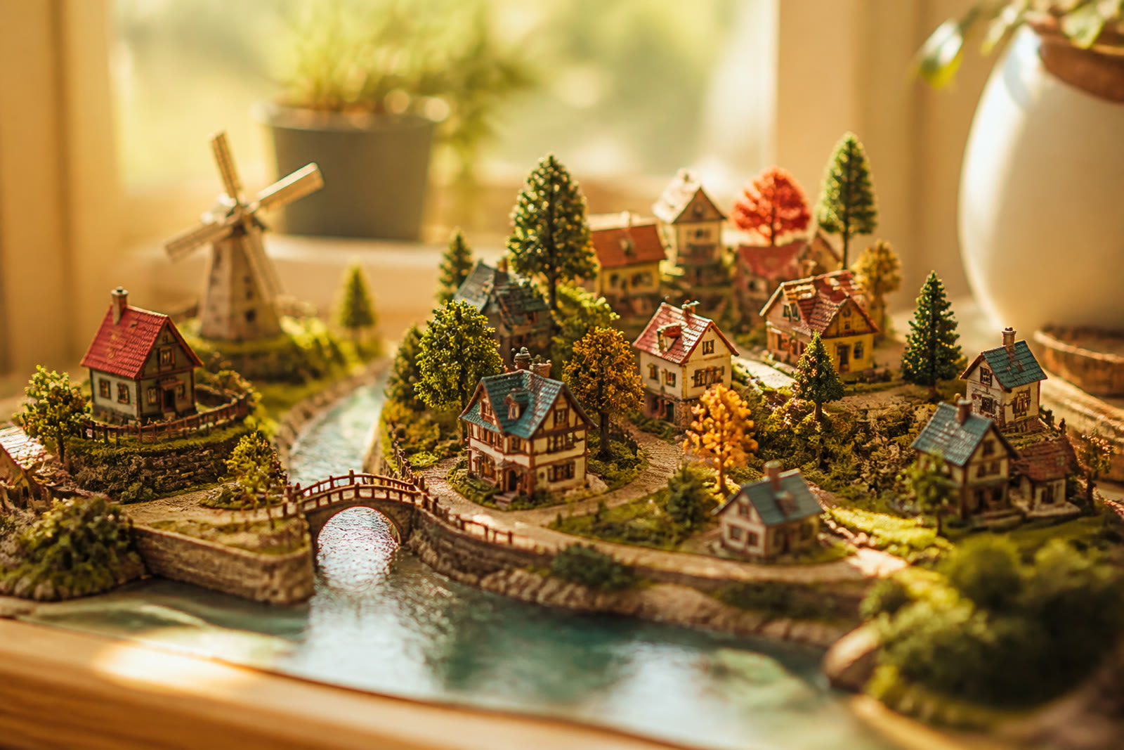A miniature cozy town diorama in golden hour light