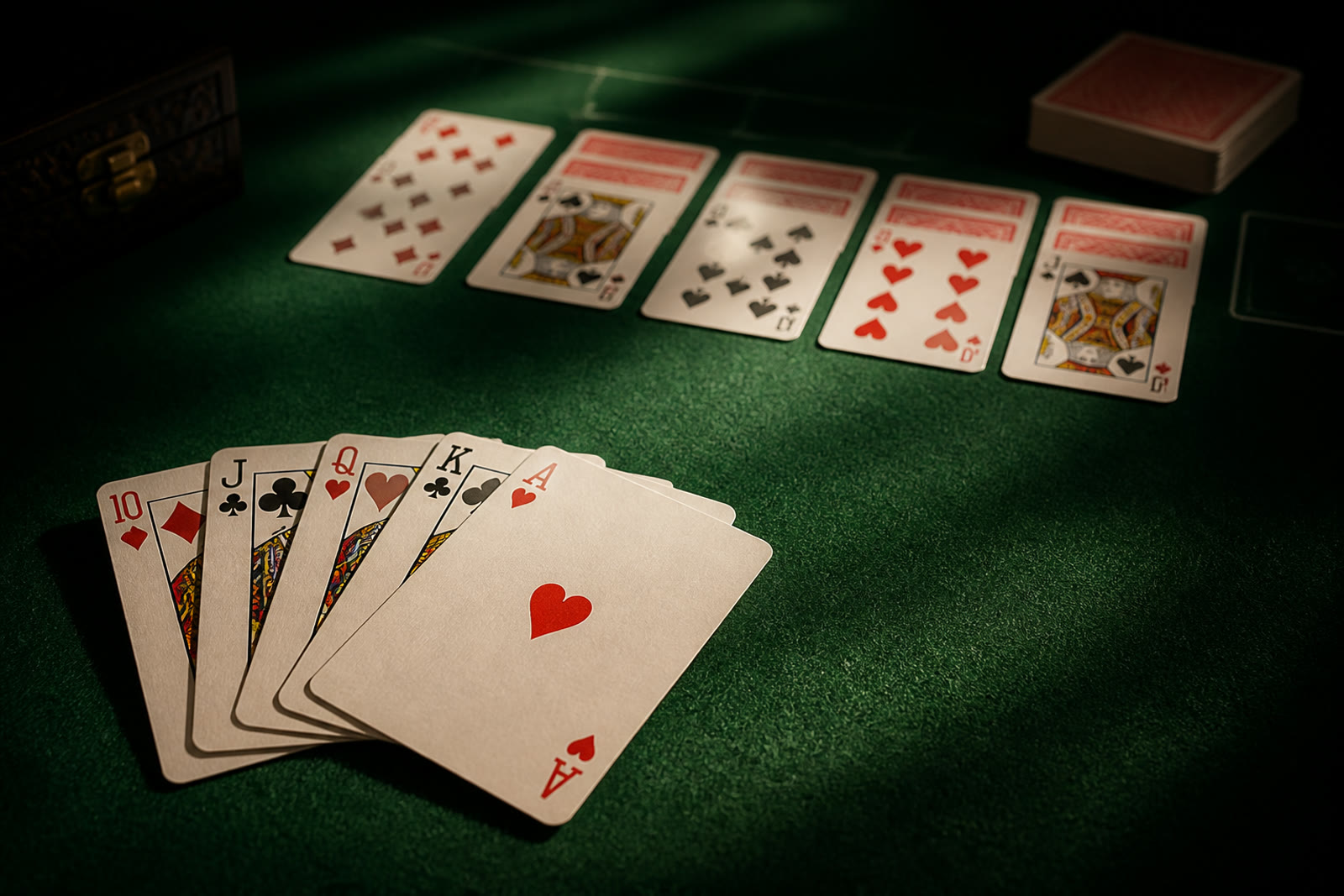 Playing cards fanned across a green felt table